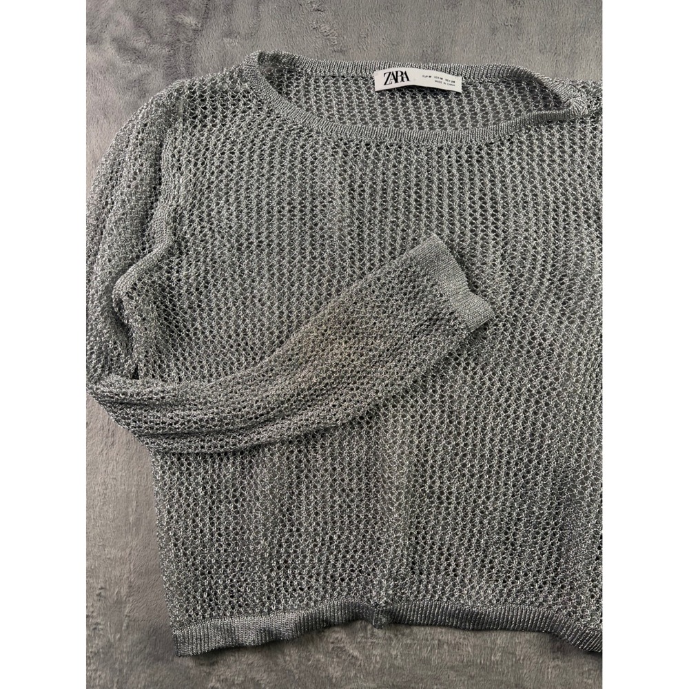Zara Metallic Silver Open Knit Chainmail Mesh Sweater Long Sleeve Medium